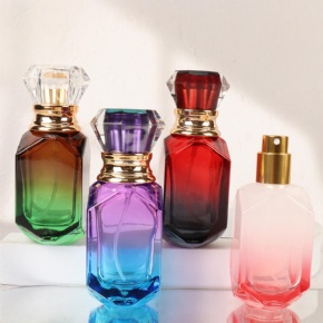 30ml 50ml Wholesale Gradient Color Square Shape Transparent Glass Serum Lotion Bottle with Pump for Face Cream Perfume Packaging