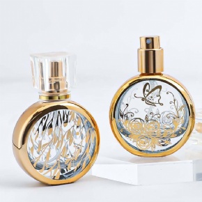 25ml Empty Stamping Gold Pattern Clear Pump Press Spray Bottle Perfume Glass Spray Bottle with Gold Aluminium Sprayer